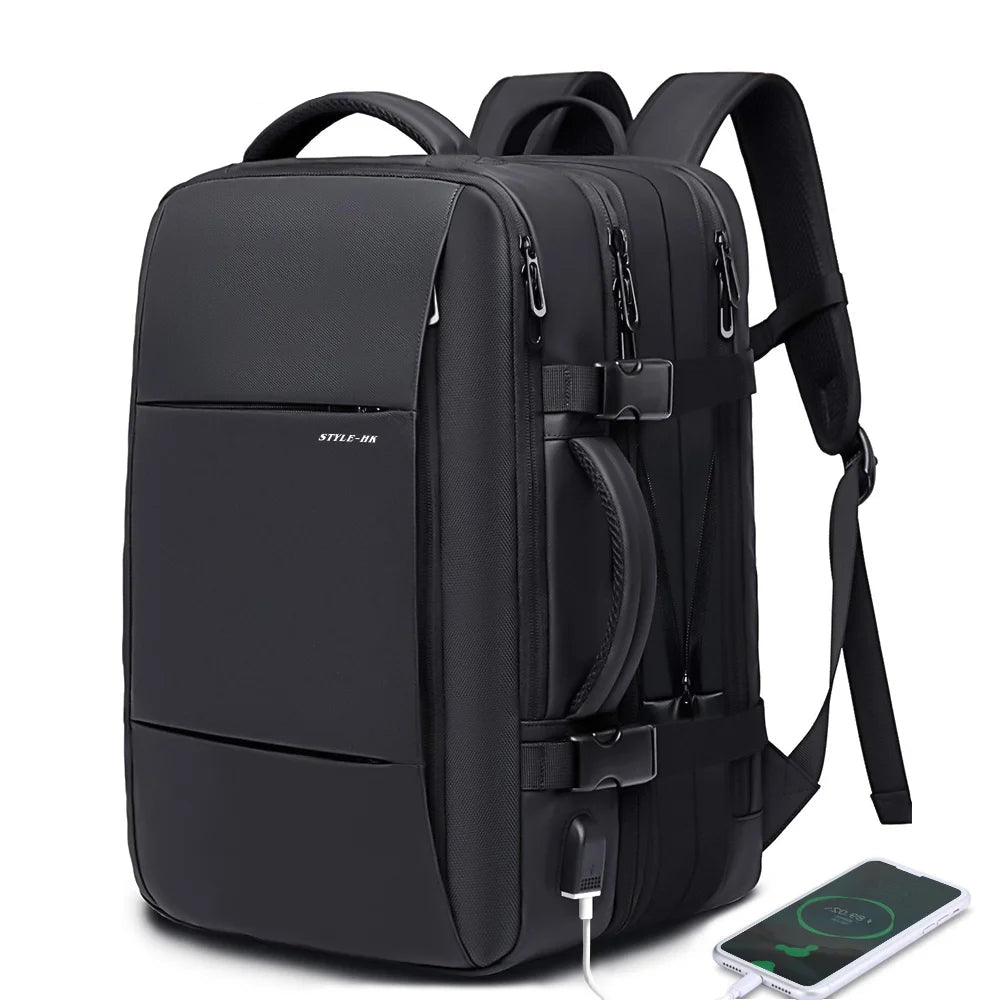 Black backpack with USB port and phone on a white background, featuring the brand 'Heroic Knight'.