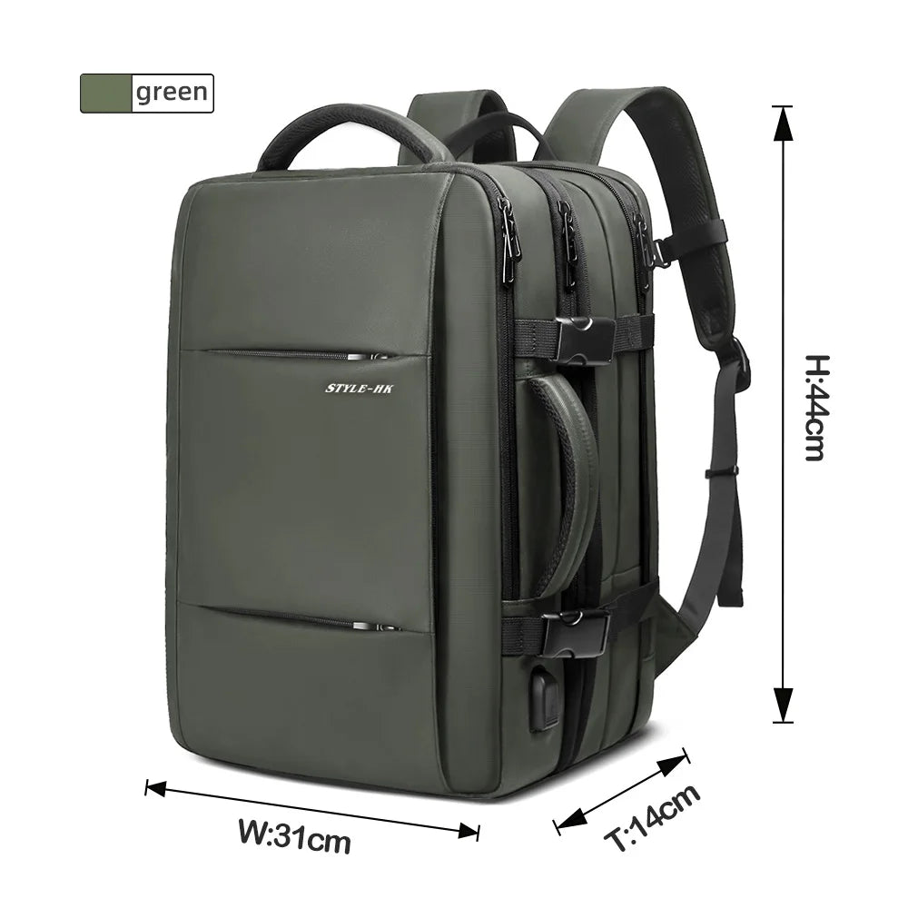 Green backpack with dimensions on a white background