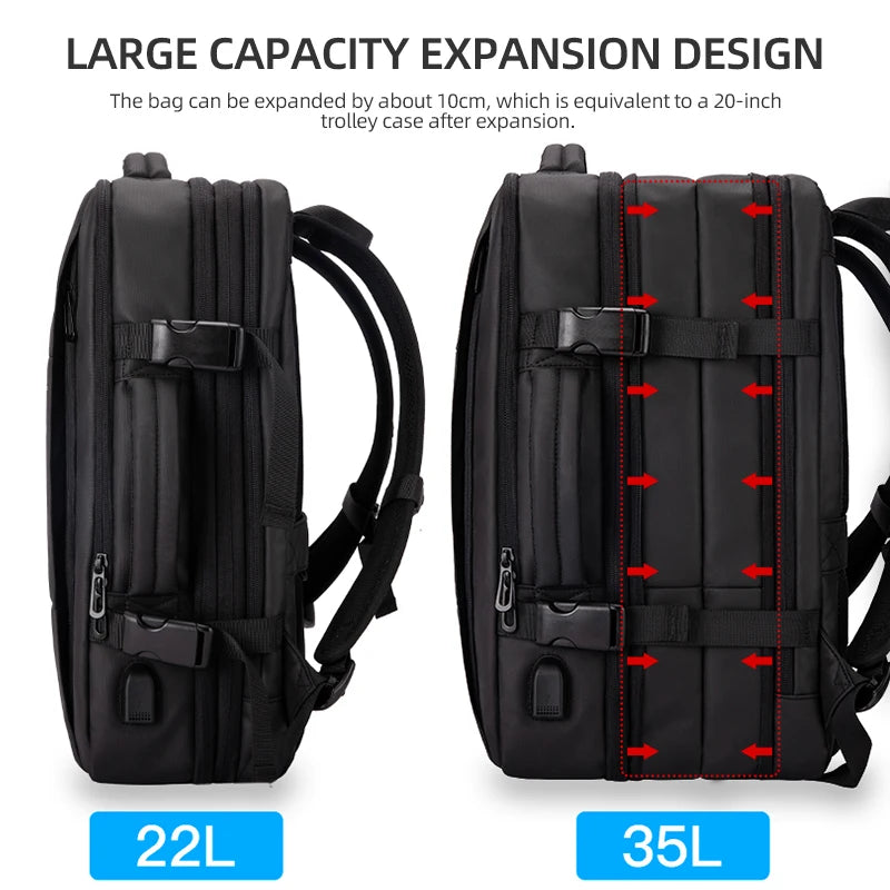 Black backpack with expansion feature, showing 22L and 35L capacities.