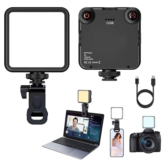 Set of video lighting equipment including a square light, camera, laptop, and accessories on a white background.