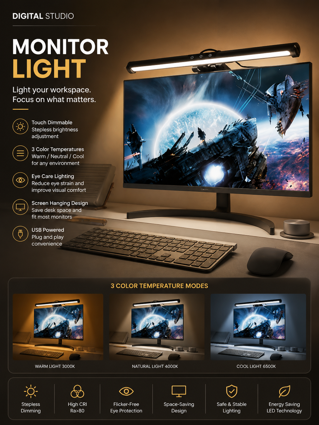 Monitor light setup on a desk with computer monitor, keyboard, and mouse, featuring digital studio branding.