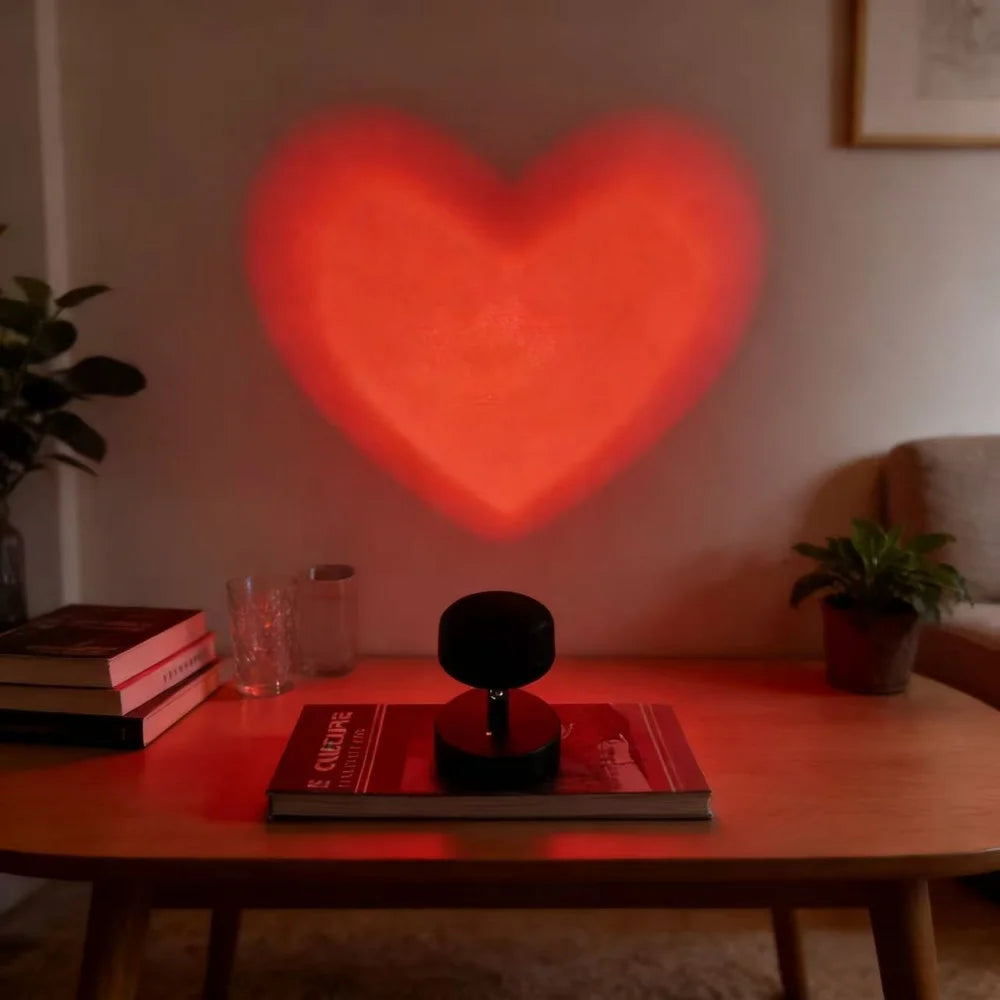 Heart-shaped light projection on a wall with books and a plant on a table below.