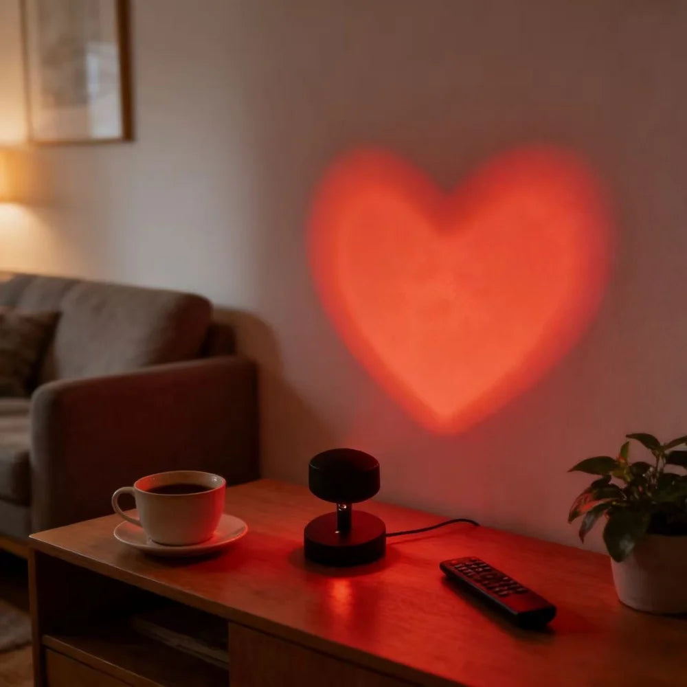 Heart-shaped light projection on a wall in a cozy living room with a cup of coffee and remote control.