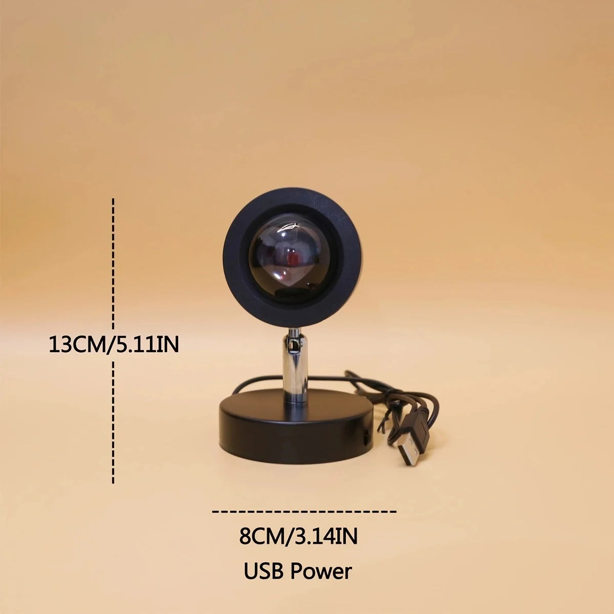 Webcam with dimensions and USB power indicator on a beige background