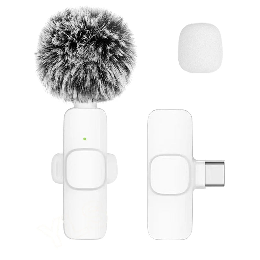 Microphone with fur windscreen and USB-C connector on a white background