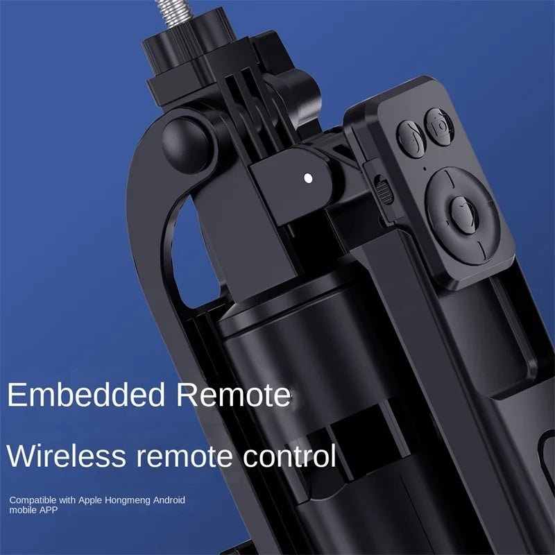 Black camera tripod with embedded remote control on a blue background