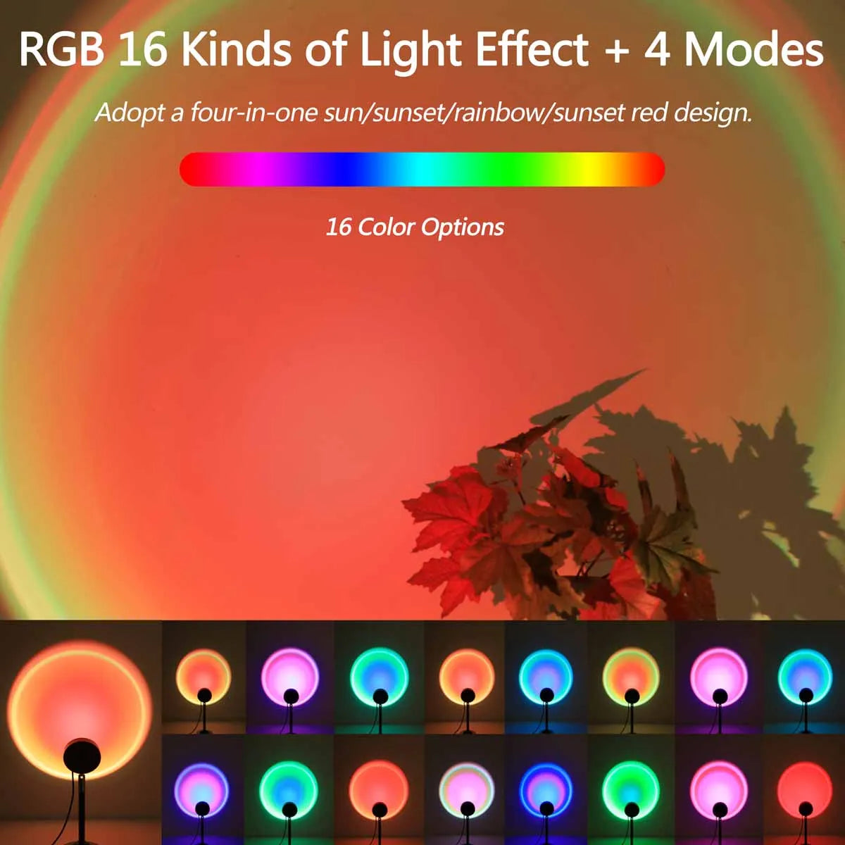 RGB light effect with 16 color options and 4 modes on a sunset-themed background.