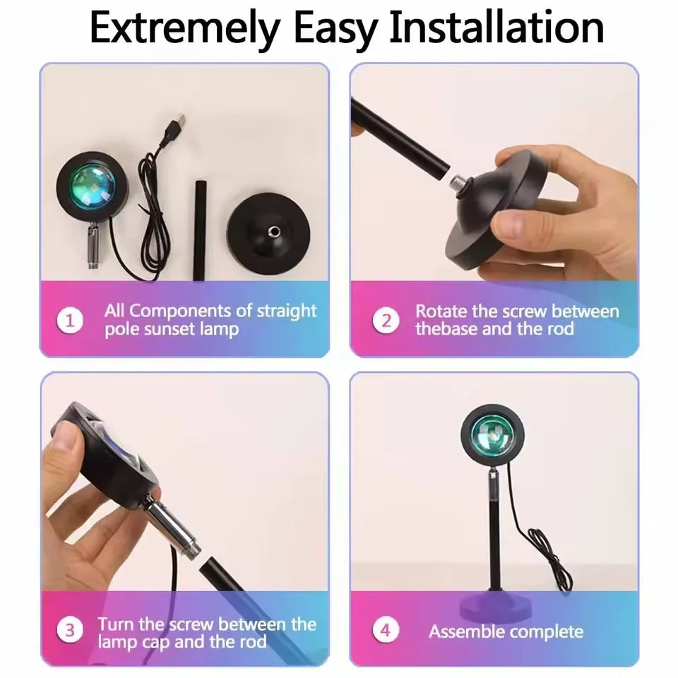 Step-by-step guide on assembling a straight pole sunset lamp with text indicating easy installation.