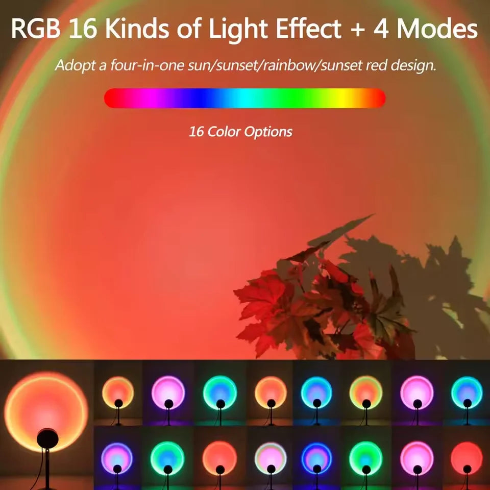 RGB light effect with 16 color options and 4 modes on a sunset design background.