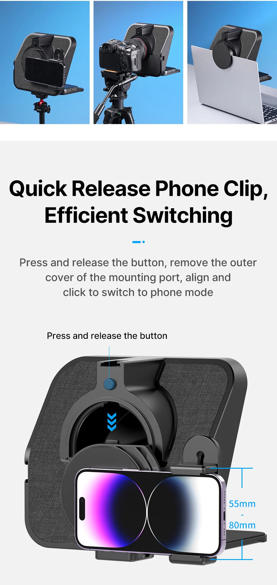 Quick release phone clip with camera and laptop attachments on a white background