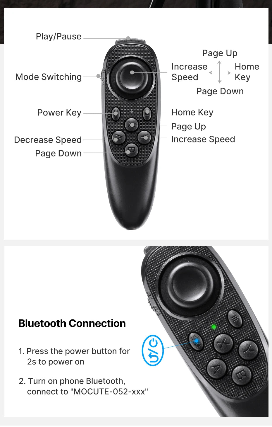 Black remote control with labeled buttons and Bluetooth connection instructions on a white background