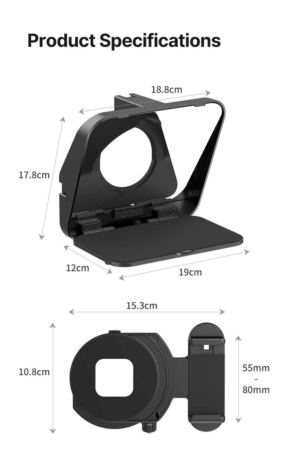 Black phone holder with dimensions labeled on a white background