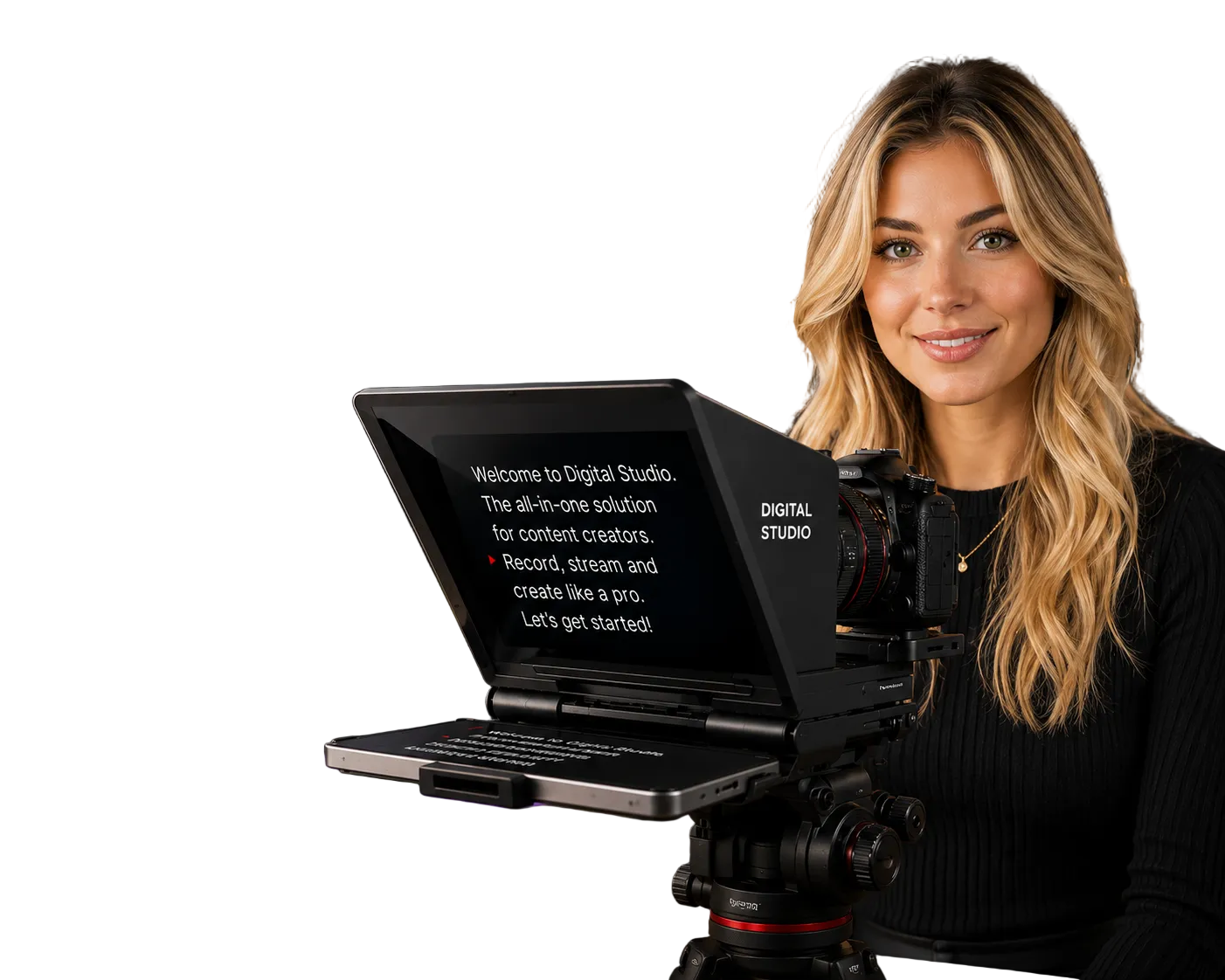 Woman with a laptop on a stand in a digital studio setting, with promotional text about video recording software.