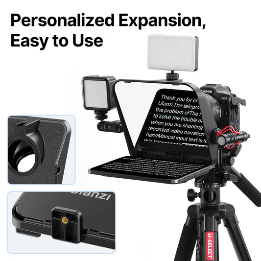 Camera setup with phone holder and accessories on a white background