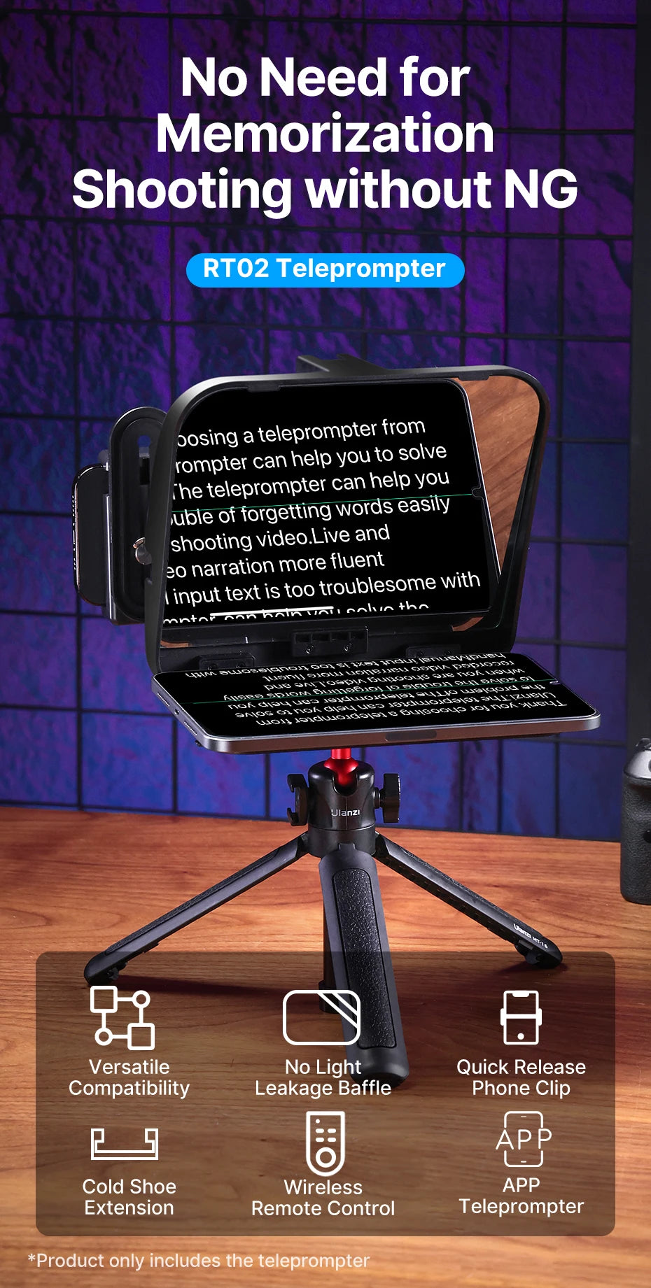 RT02 Teleprompter on a stand with text display against a purple background
