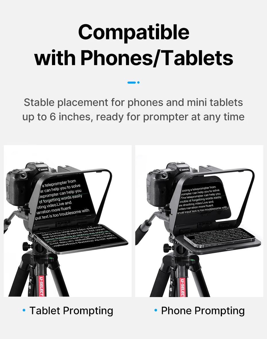Two devices on tripods with screens displaying text, labeled 'Tablet Prompting' and 'Phone Prompting', on a white background.