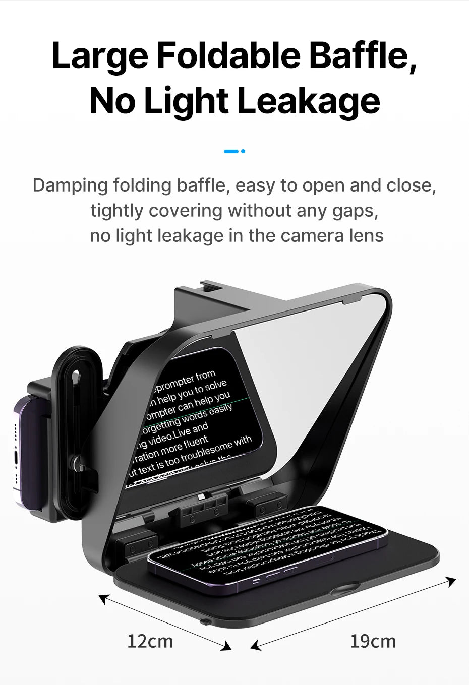 Large foldable baffle with text on a black background