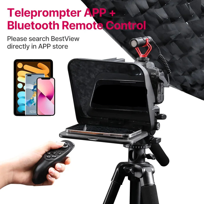 Teleprompter with Bluetooth remote control and smartphone app on a white background