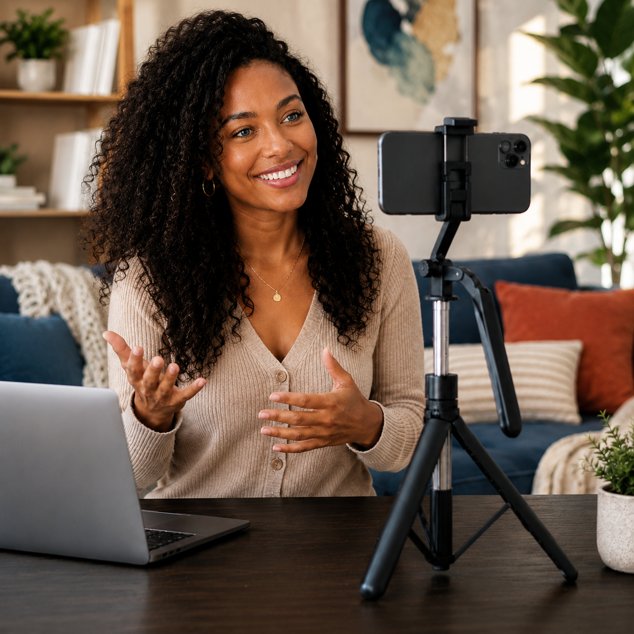 Woman recording a video call with a smartphone on a tripod in a cozy living room.