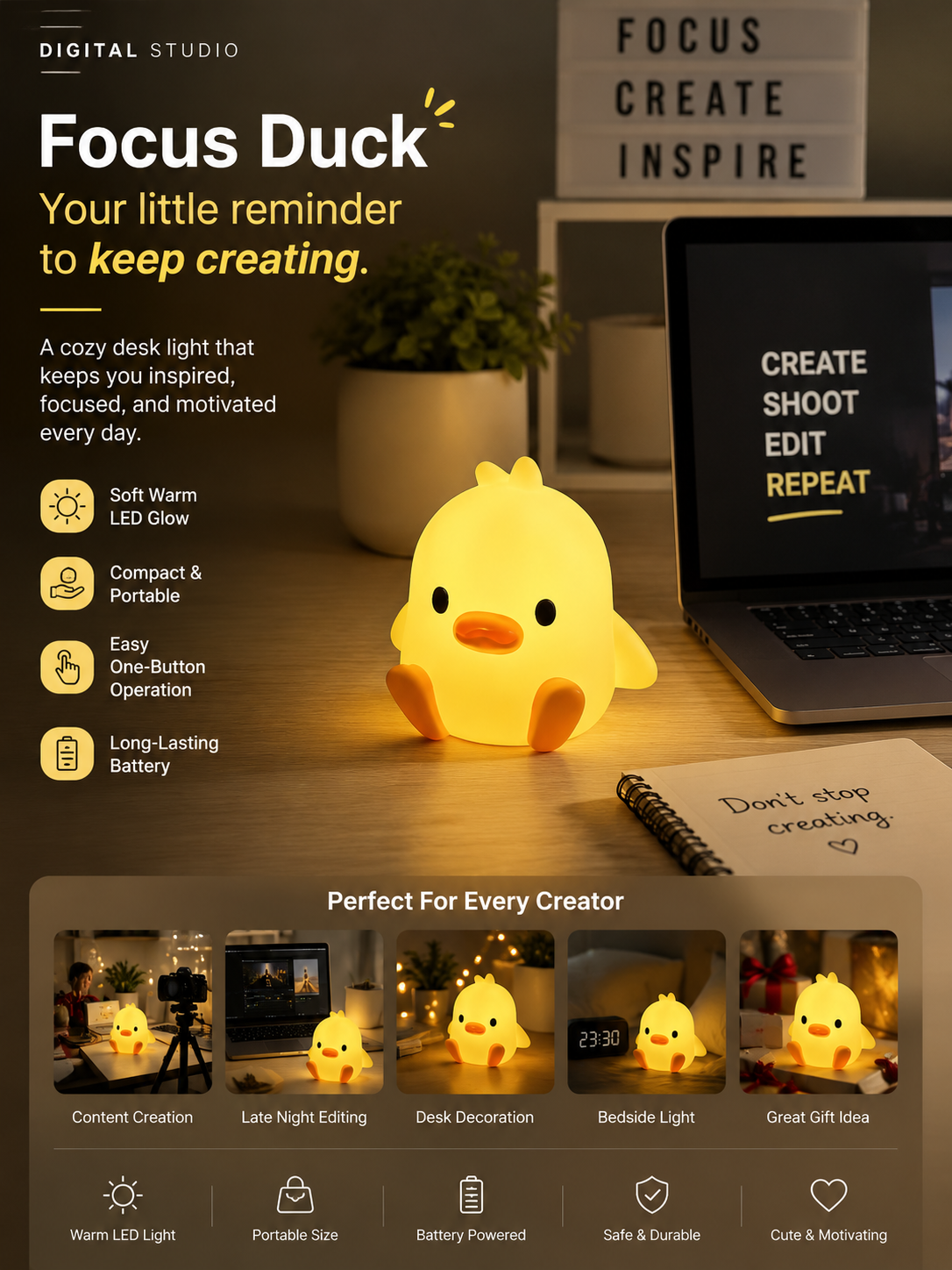Yellow duck-shaped light on a desk with text about its features and uses.