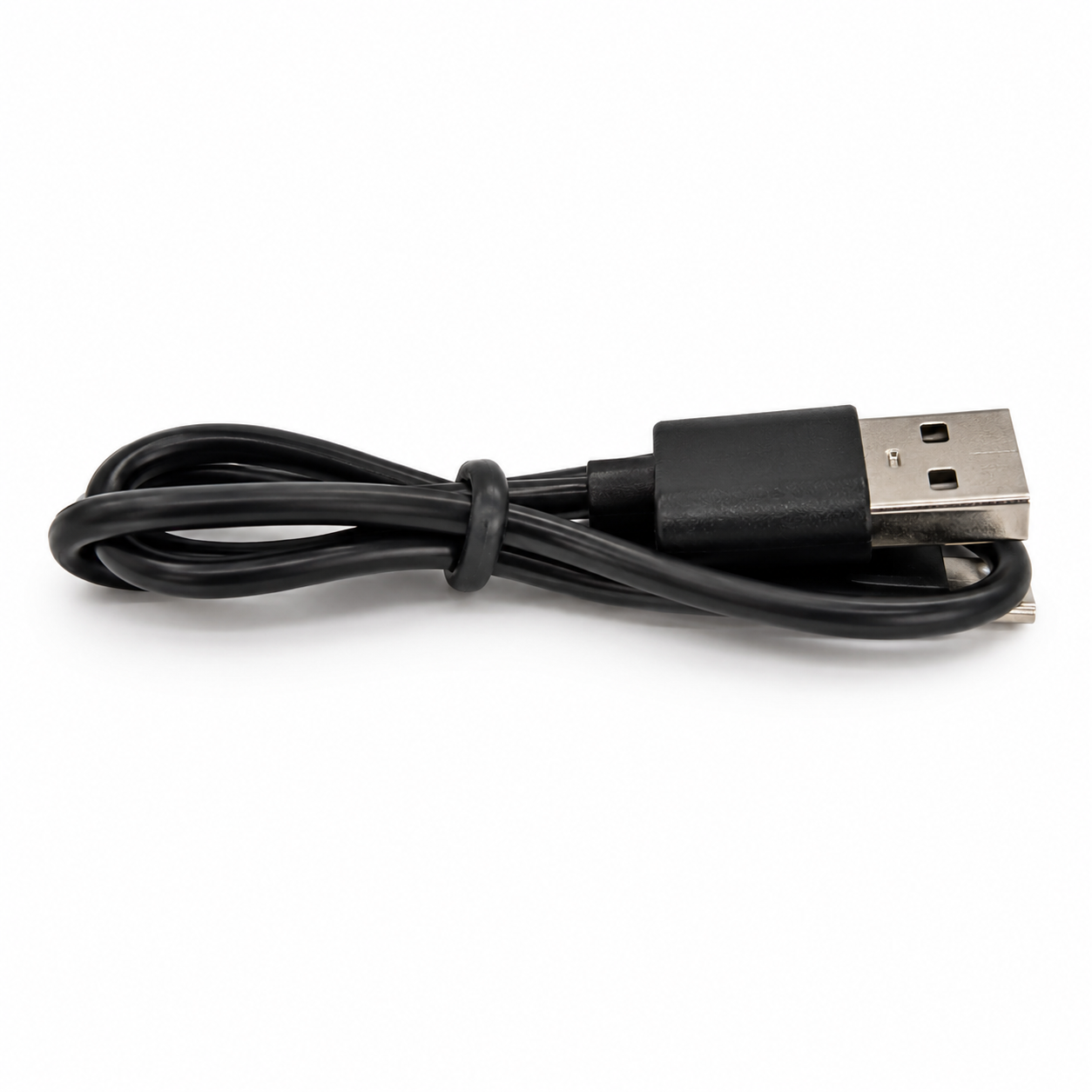 Black USB cable on a white background