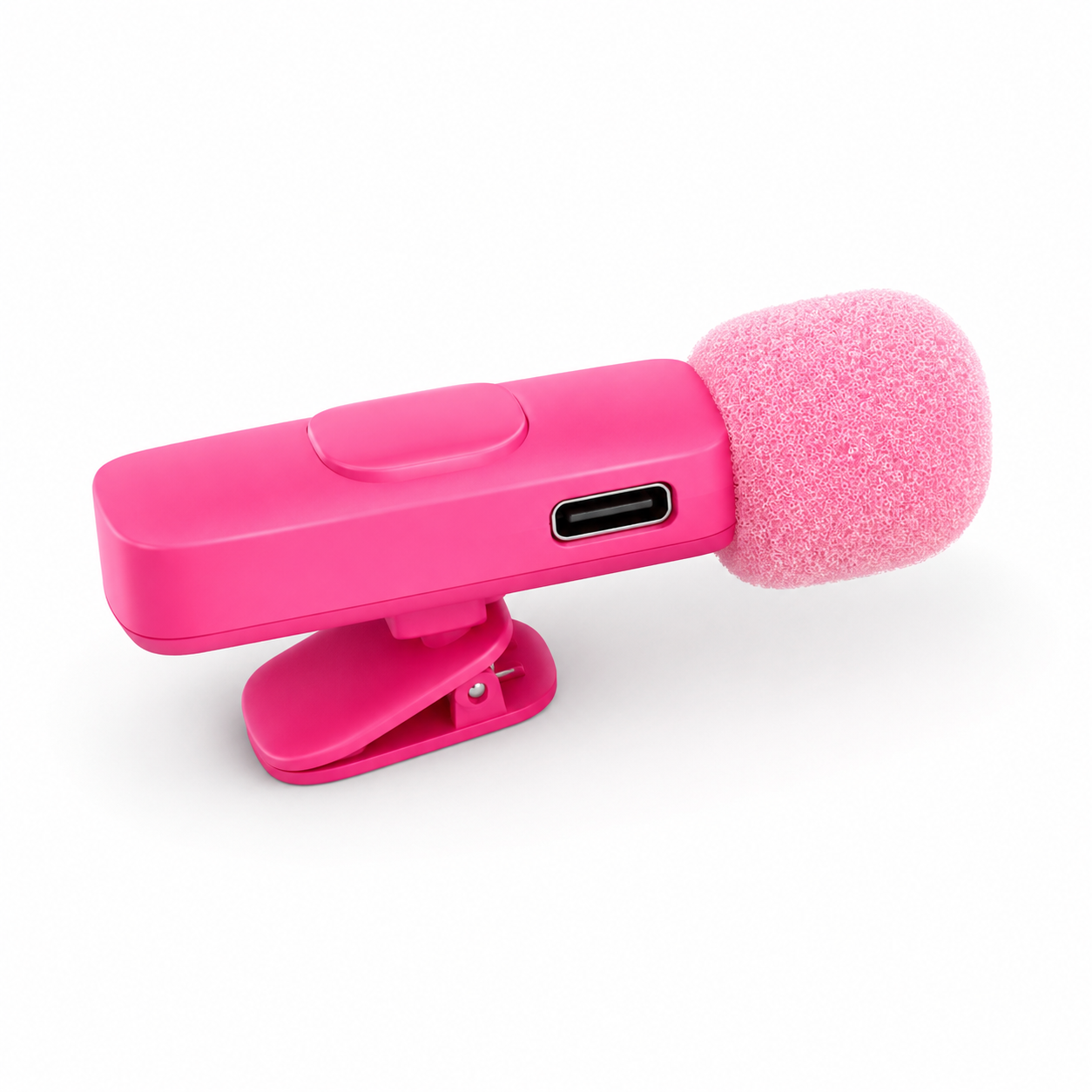 Pink microphone with clip on a white background