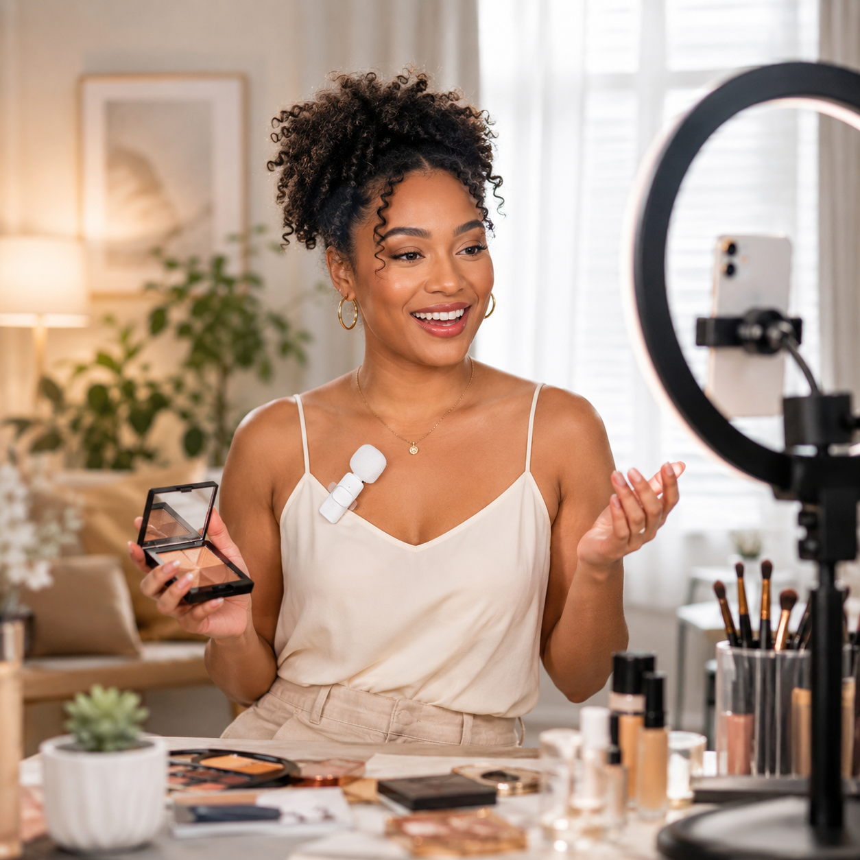 Woman in a home setting, likely a makeup tutorial or vlog, with makeup products and tools around.