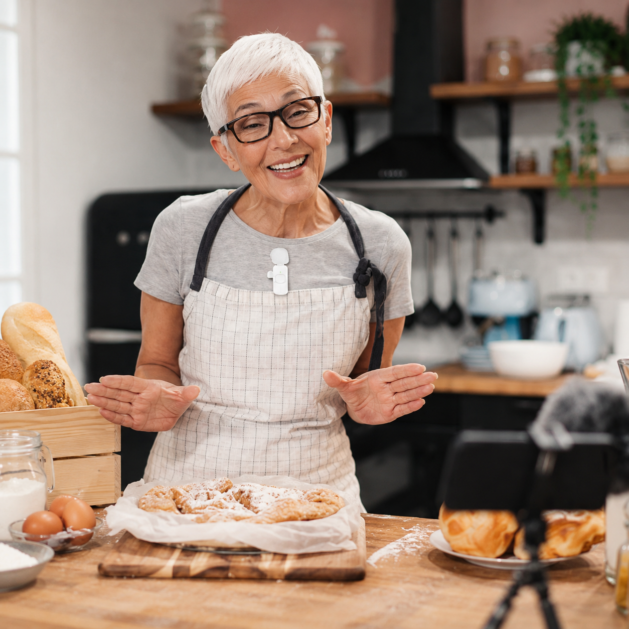 Senior woman in a kitchen with baked goods, wearing an apron and glasses.
