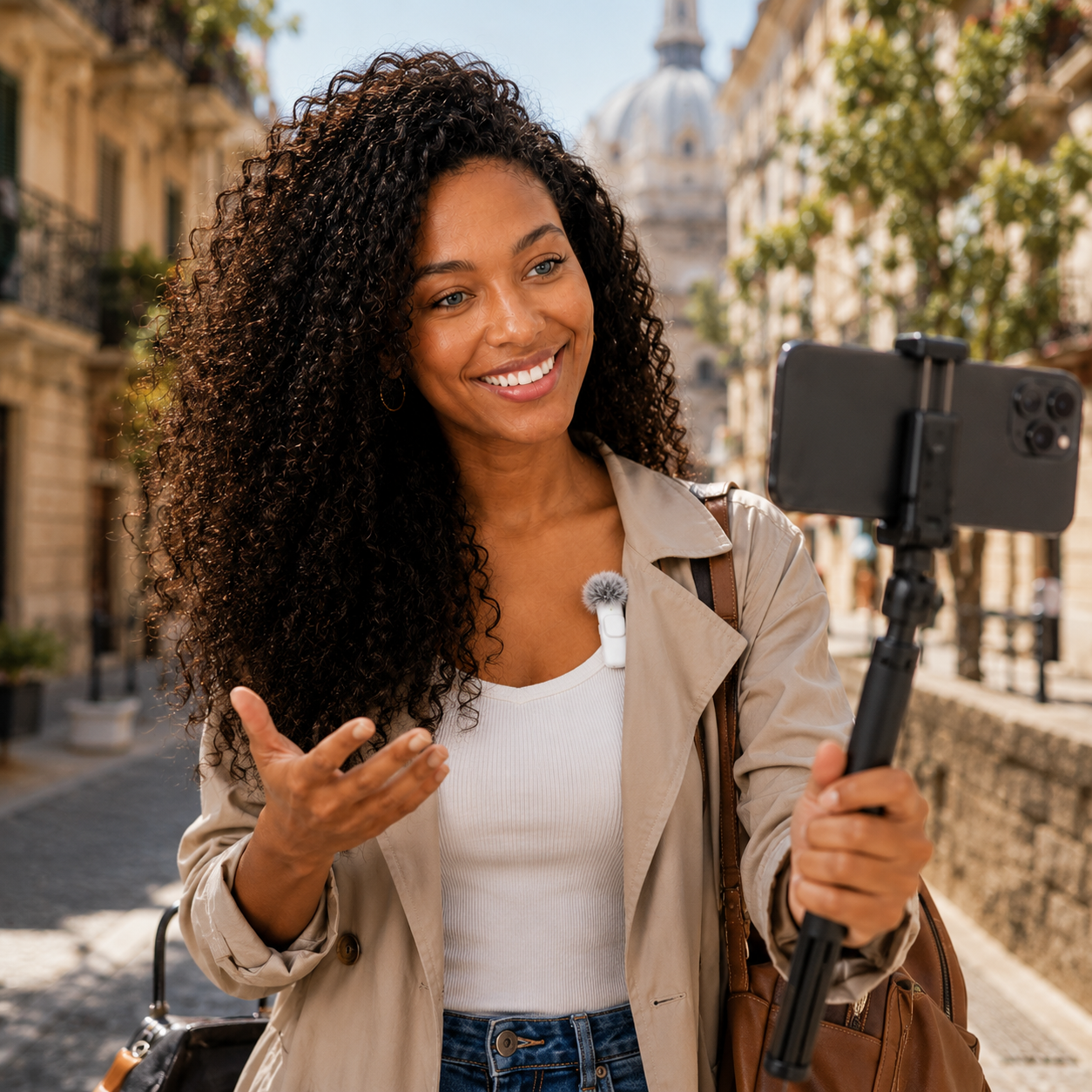 Woman taking a selfie with a smartphone on a city street