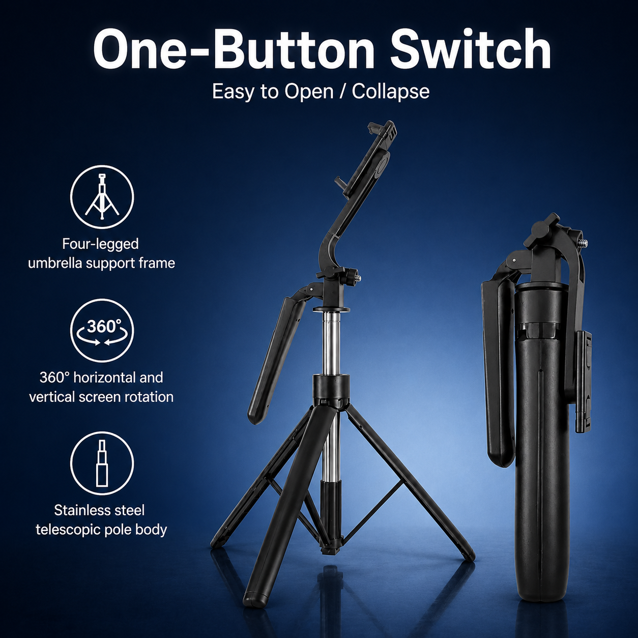 Black adjustable stand with one-button switch feature on a blue background