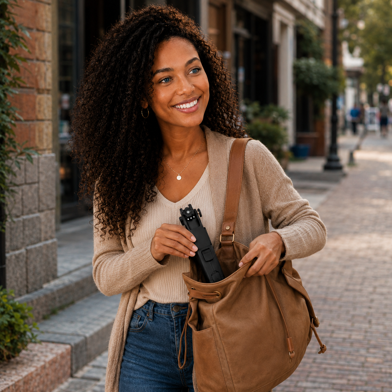 Woman holding a brown bag and a gun on a city street